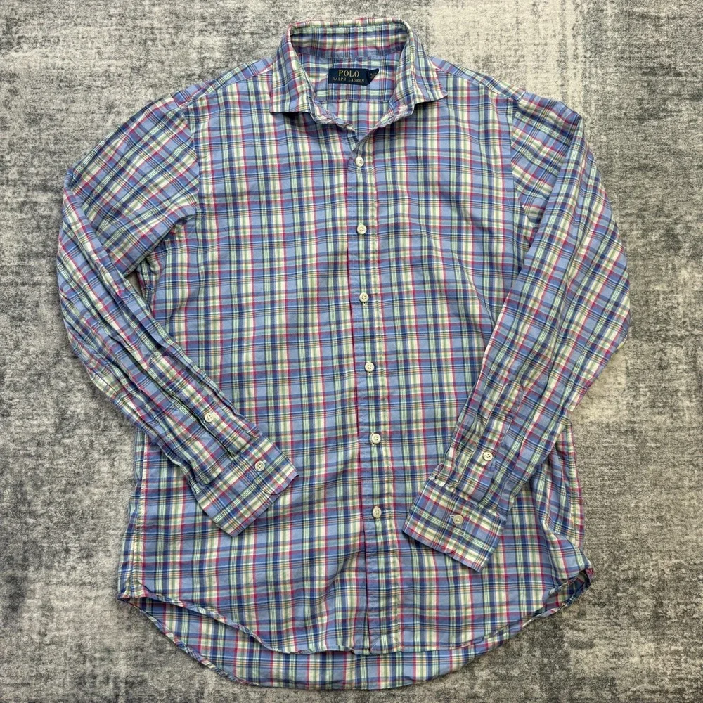 Polo Ralph Lauren Shirt Mens Medium Blue‎ Plaid Sport Button Up Preppy Easter